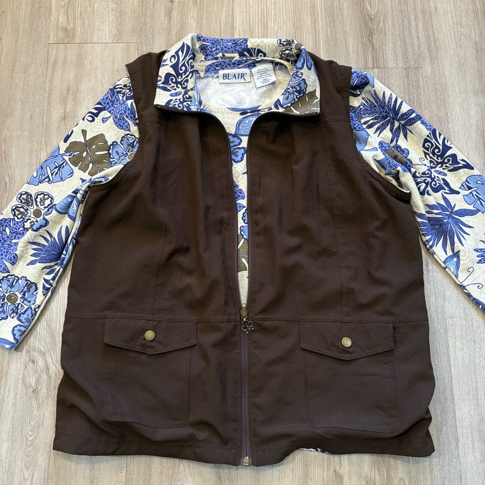 Blair Womens SET Reversible Vest & Matching Top Butterfly Blue Brown Size Medium